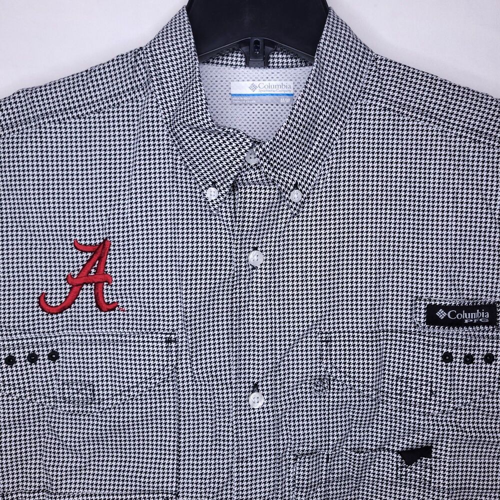 Columbia Men's Black & White Houndstooth Button-Down Shirt with Red 'A' Logo